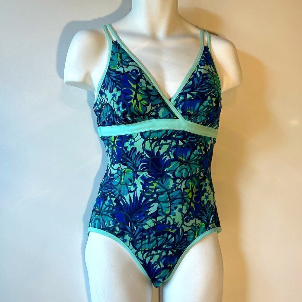 L.L.Bean SZ 10L Blue & Green Tropical Tummy Control UPF50+ Swimsuit Resort Beach